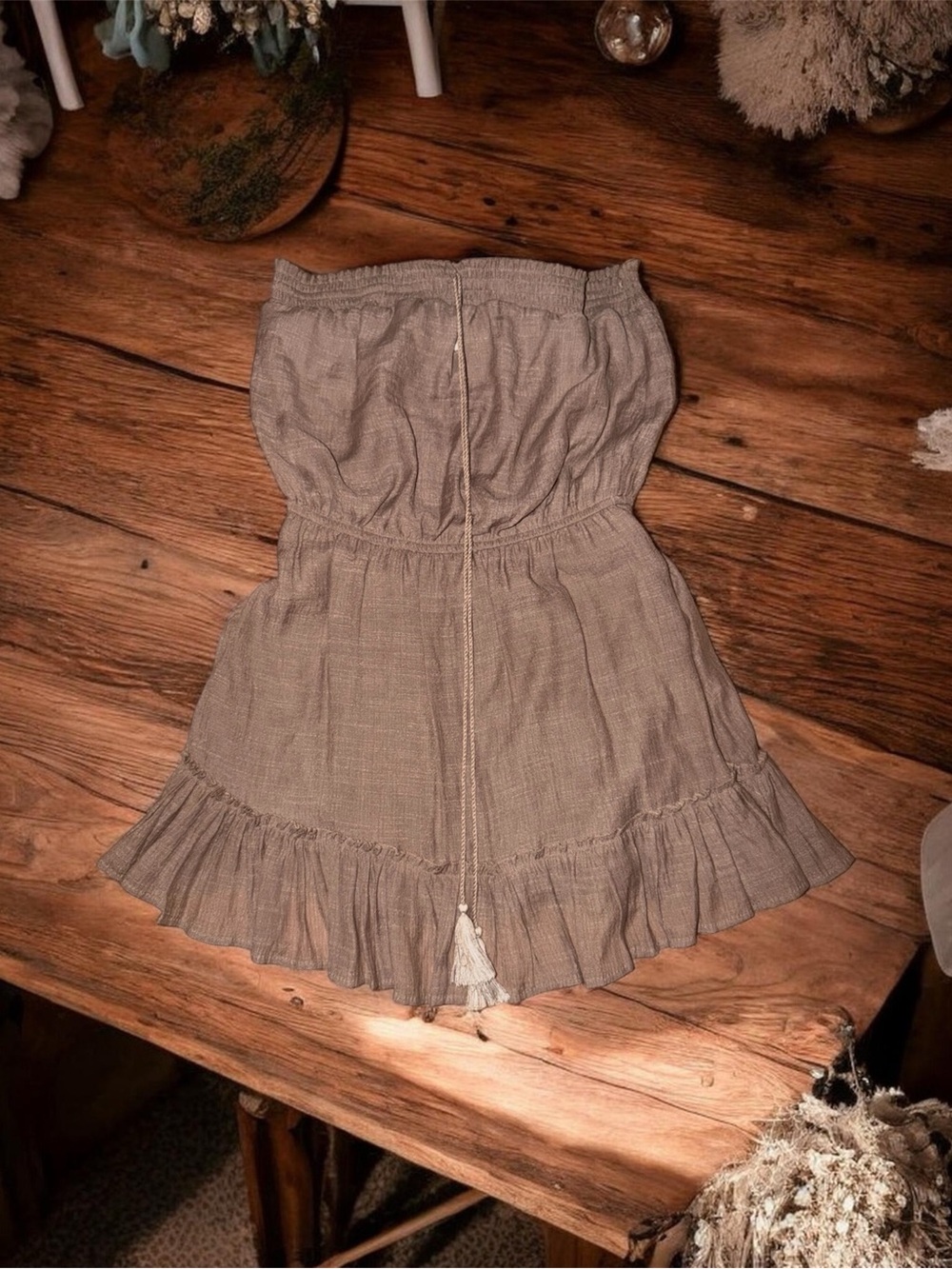 Strapless Taupe dress with Tassel Tie